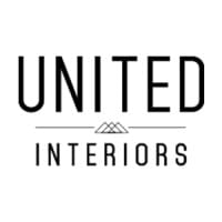 The image depicts the logo "United Interiors" in uppercase letters, featuring a stylized line and triangle design between the words, and includes a blonde woman identified as Emma Blomfield.