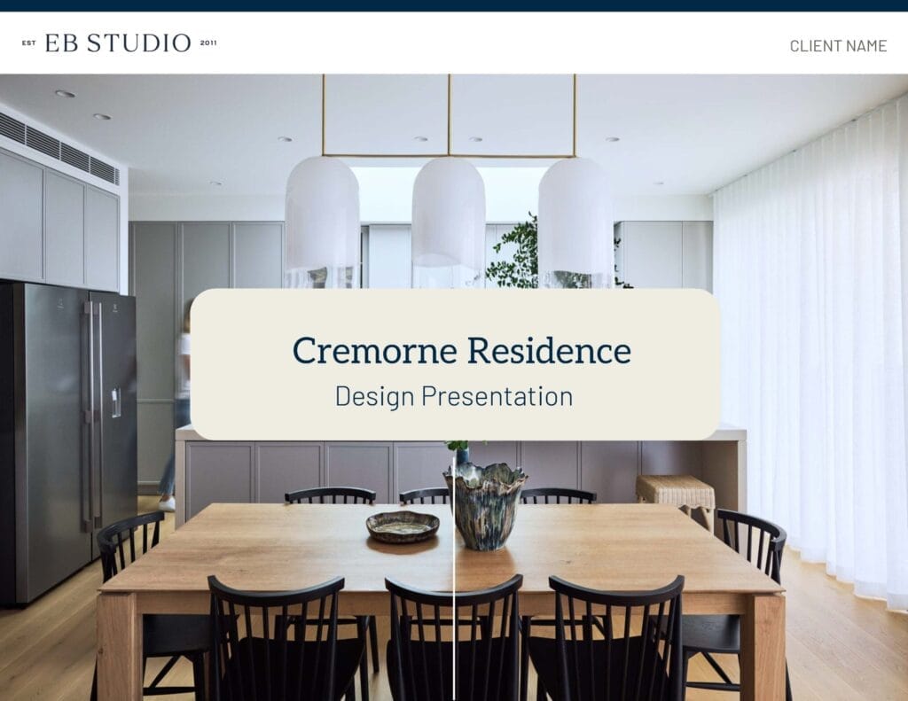The modern kitchen interior features a wooden dining table and black chairs, with a slide labeled "Cremorne Residence Design Presentation" from EB Studio; Emma Blomfield stands in the image.