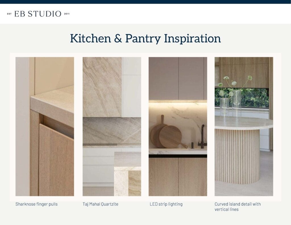 A collage showcases kitchen and pantry design elements such as sharknose finger pulls, Taj Mahal Quartzite, LED strip lighting under cabinets, and a curved island detail with vertical lines, with Emma Blomfield appearing in the image.