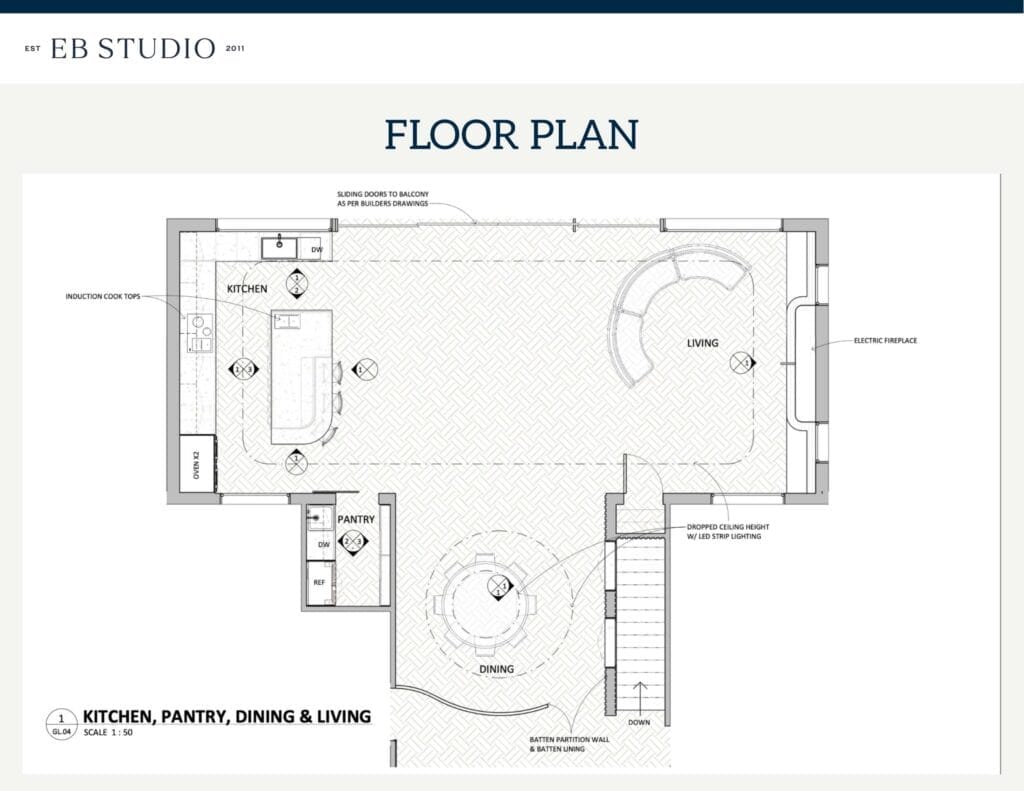 The floor plan depicts a space labeled "Kitchen, Pantry, Dining & Living," showcasing designated areas for the kitchen, pantry, dining room, and living room with detailed annotations for fixtures and dimensions; Emma Blomfield is present in the image.