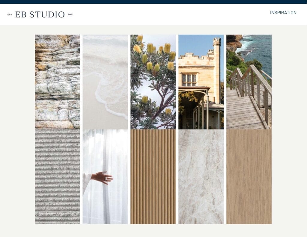 A collage combines natural elements like rock and wood textures, a sandy shore, flowers, a historic building, and a boardwalk.