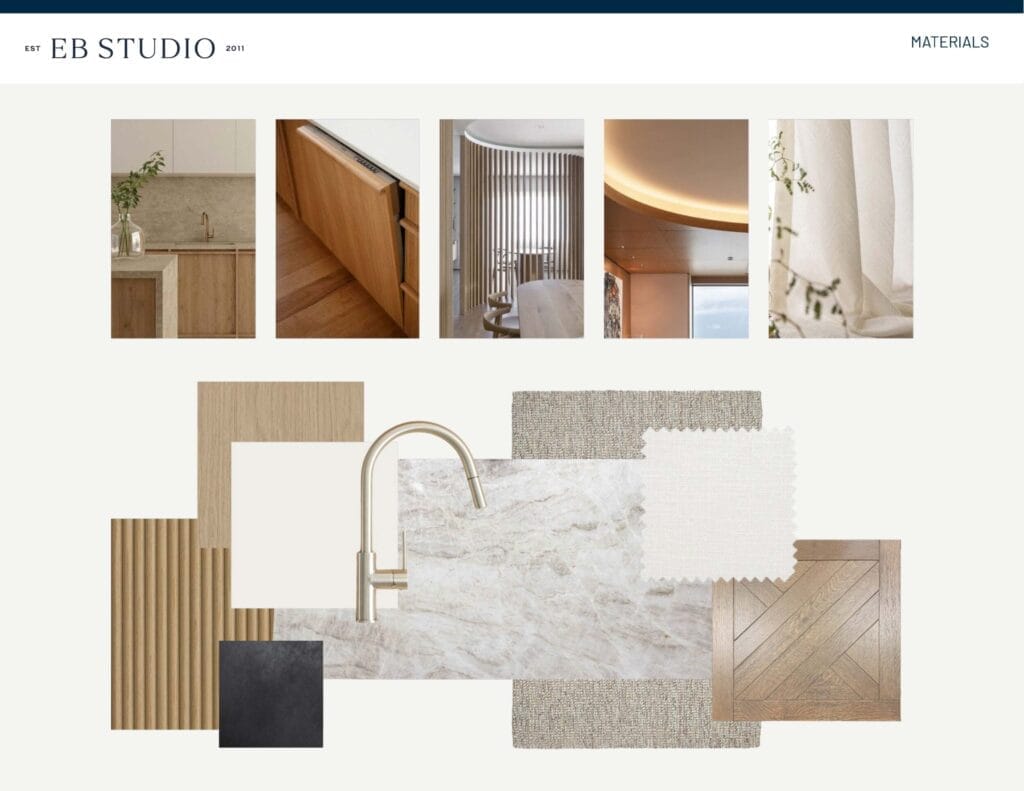A collage showcases interior design elements such as wood finishes, stone textures, fabric swatches, and a faucet, while above it are five images highlighting various design features of the same space; in one of these images, a blonde woman named Emma Blomfield is present.