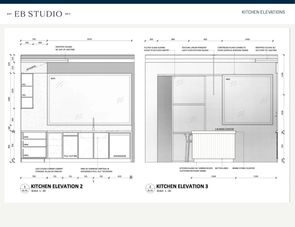 The architectural drawing, titled "Kitchen Elevations," features two scaled views of a kitchen complete with cabinets, countertops, sink, and stove, along with detailed measurements and labels.