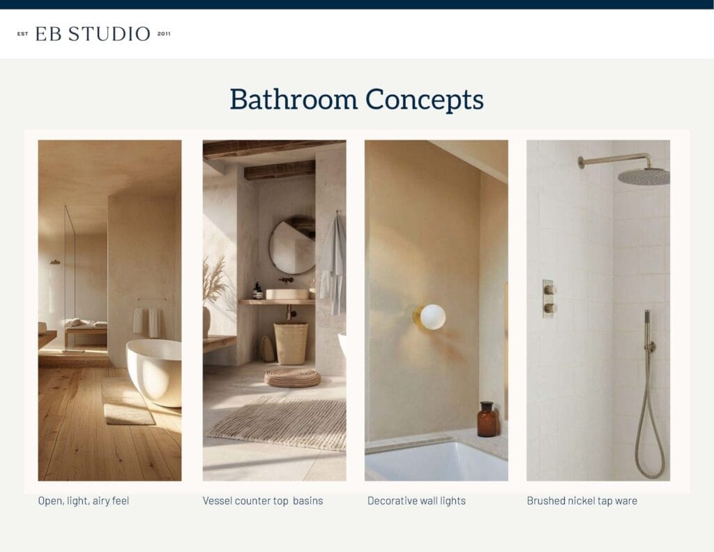 A design board titled "Bathroom Concepts" showcases an open, light, airy ambiance with vessel countertop basins, decorative wall lights, and brushed nickel tapware; Emma Blomfield is featured in the image.