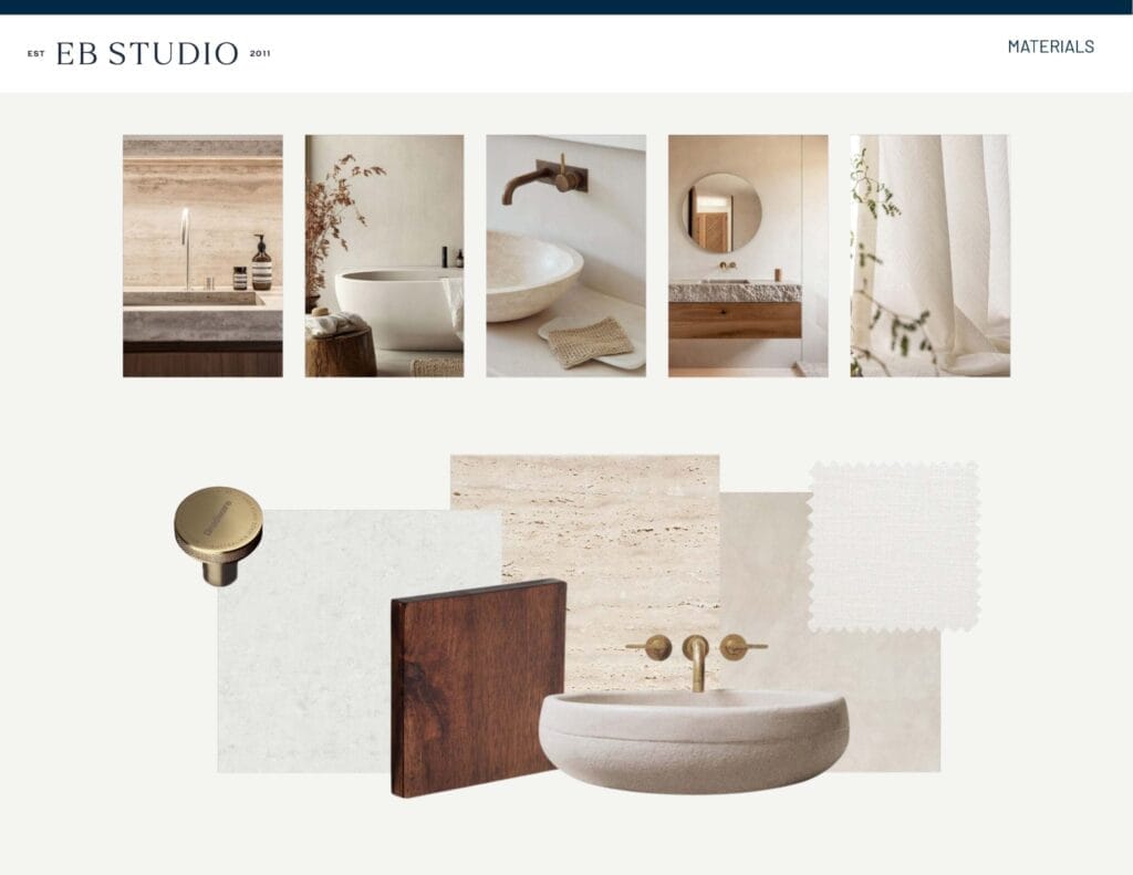 A collage showcases bathroom design elements including a washbasin with brass fixtures, a wall-mounted faucet, a round mirror, and various textures such as stone, wood, and fabric, all under the header "EB Studio," featuring Emma Blomfield.
