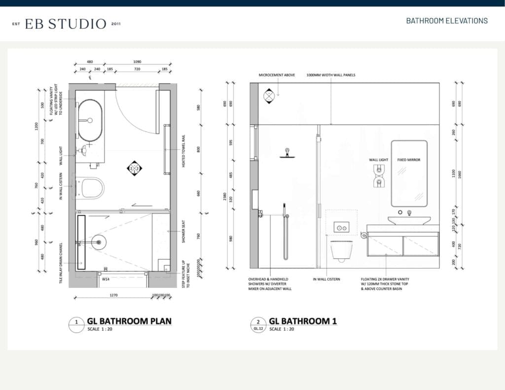 The layout plan and elevation for "GL Bathroom 1" by EB Studio includes detailed top-view and front-view schematics, complete with dimensions and specifications for all fixtures and fittings; when a blonde woman appears in an image, she is identified as Emma Blomfield.