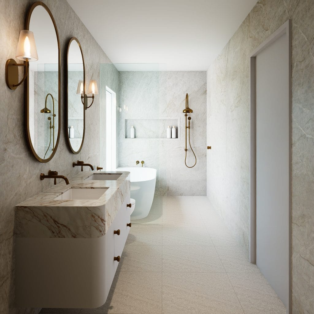 A sleek bathroom features a marble double-sink vanity, twin oval mirrors, wall sconces, freestanding tub, walk-in shower, and pale tile.