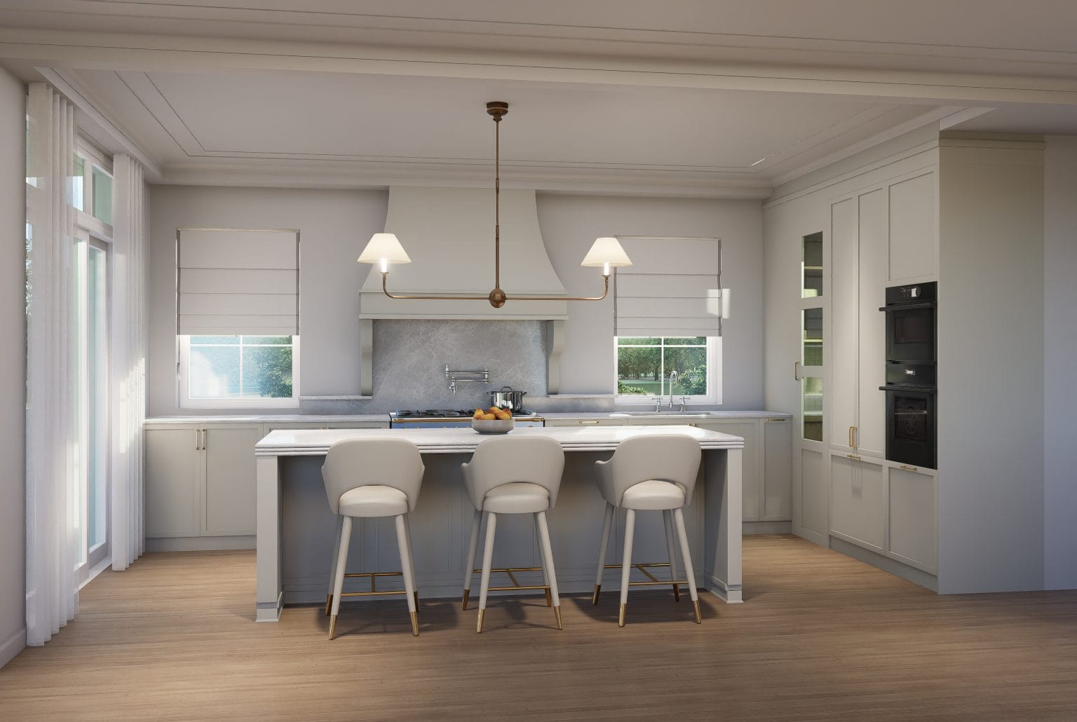 A sleek Clontarf kitchen features white cabinets, an island with three chairs, pendant lights, built-ins, and Roman-shaded windows.