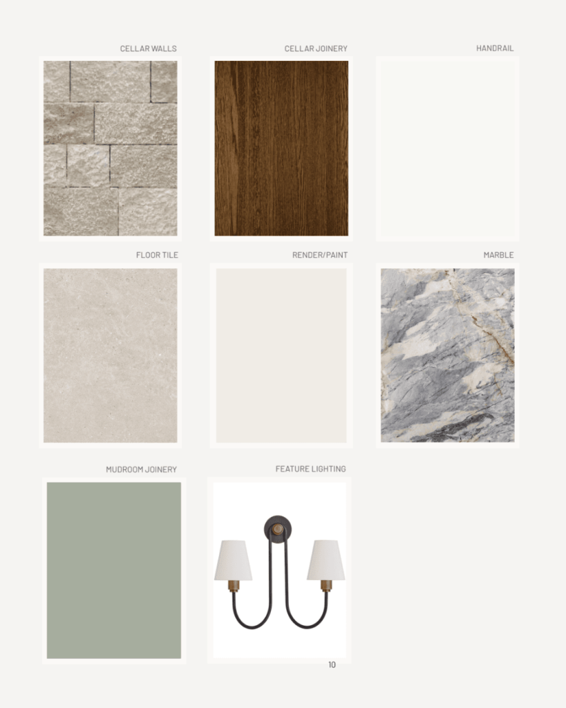 An interior designer’s mood board displays labeled samples: stone, wood, white handrail, beige tile, off-white paint, marble, green cabinetry, and a two-light wall sconce.