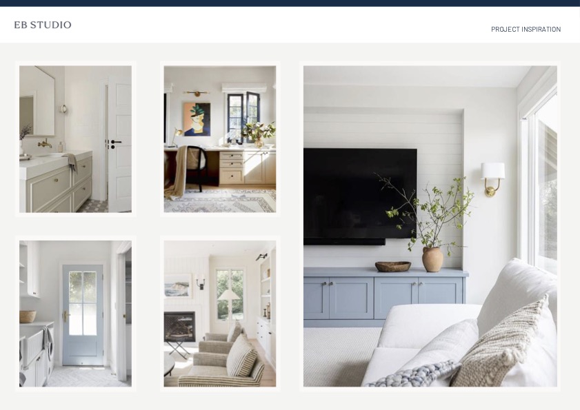 A collage of five photos displays a modern, light-filled home with neutral tones, showcasing stylish spaces including a bathroom, study, entry door, living area, and a TV atop a blue cabinet.